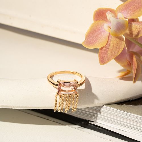 Anel Retangular de Cristal Rodolita com Franja - Banho de Ouro 18k