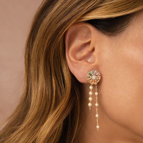 Brinco Top Flower Candy Color com Pérolas Coreanas, Cristal Paraíba, Cristal Morganita, Cristal Amestista - Banho de Ouro 18k