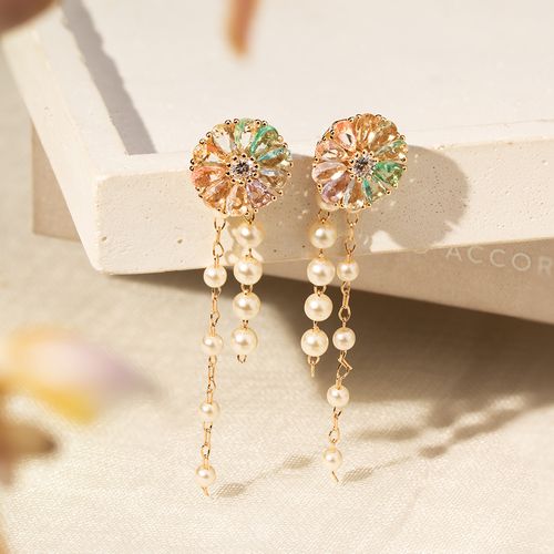 Brinco Top Flower Candy Color com Pérolas Coreanas, Cristal Paraíba, Cristal Morganita, Cristal Amestista - Banho de Ouro 18k