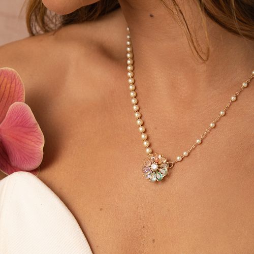 Colar Flower Candy Color com Cristal Paraíba, Cristal Morganita, Cristal Amestista 49cm - Banho de Ouro 18k