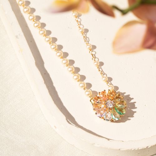 Colar Flower Candy Color com Cristal Paraíba, Cristal Morganita, Cristal Amestista 49cm - Banho de Ouro 18k