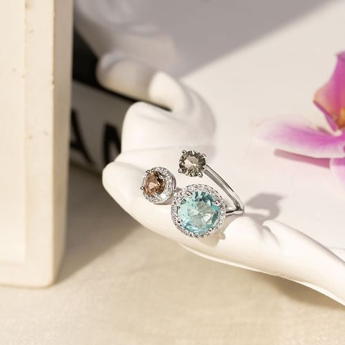 Anel Redondos com Cristal Água Marinha, Cristal Topázio Fumê e Zircônias Brancas - Prata 925