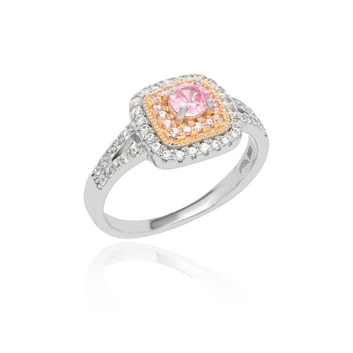 Anel Quadrado com Zircônia Fancy Pink, Zircônias Kunzita e Zircônias Brancas com Microzircônias no Banho de Ouro Rosé - Prata 925