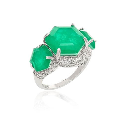 Anel Sextavado Fusion Esmeralda e Zircônias Brancas - Banho de Ródio Branco