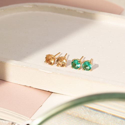 Kit com Dois Pares de Top Redondo com Cristal Paraiba e Cristal Citrino - Banho de Ouro 18k