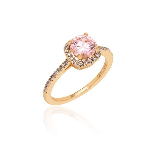 Anel Redondo com Cristal Diamond Pink e Zircônias Brancas - Banho de Ouro 18k