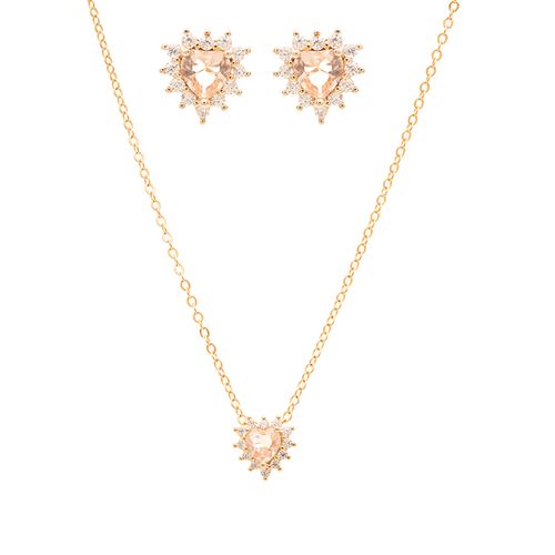 Conjunto Brinco e Colar Coração com Cristal Morganita e Zircônias Brancas 51cm - Banho de Ouro 18k