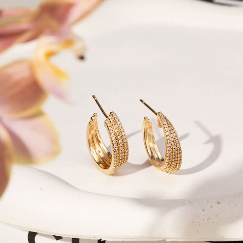 Brinco Argola 3 Linhas com Zircônias Brancas - Banho de Ouro 18k