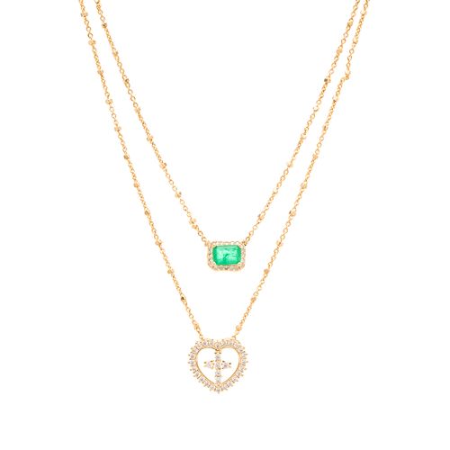 Colar Escapulário Retângulo de Fusion Esmeralda com Coração Cravejado de Zircônias Brancas 65cm - Banho de Ouro 18k