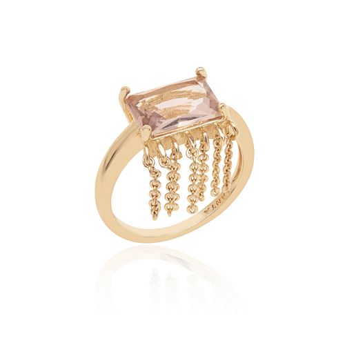 Anel Retangular de Cristal Rodolita com Franja - Banho de Ouro 18k