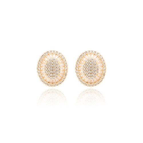 Brinco Oval Cravejado com Zircônias Brancas - Banho de Ouro 18k