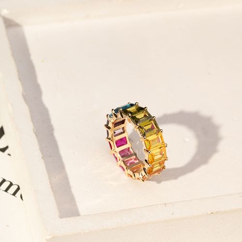 Anel Rainbow Aliança Retângulos com Cristal Citrino, Cristal Peridoto e Cristal Turmalina Rosa - Banho de Ouro 18k