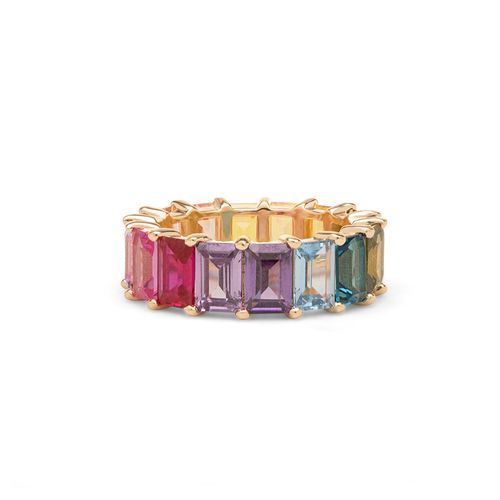 Anel Rainbow Aliança Retângulos com Cristal Citrino, Cristal Peridoto e Cristal Turmalina Rosa - Banho de Ouro 18k