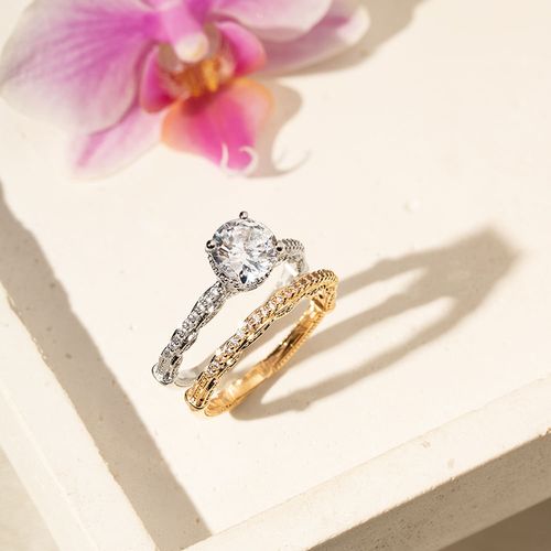 Kit com Solitário e Aparador com Zircônias Brancas - Banhos de Ouro 18k e Ródio Branco