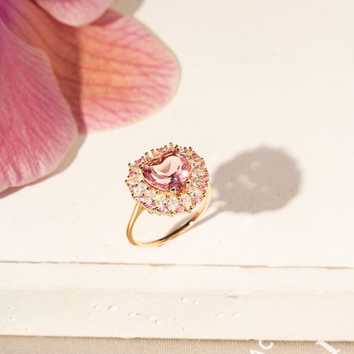 Anel Heart Pink com Cristal Turmalina Rosa e Zircônias Brancas - Banho de Ouro 18k