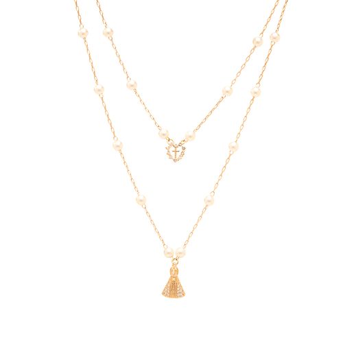 Colar Escapulário Nossa Senhora Aparecida e Mini Coração com Pérolas Coreanas e Zircônias Brancas 64cm - Banho de Ouro 18k