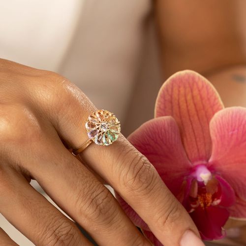 Anel Flower Candy Color com Cristal Paraíba, Cristal Morganita, Cristal Amestista - Banho de Ouro 18k