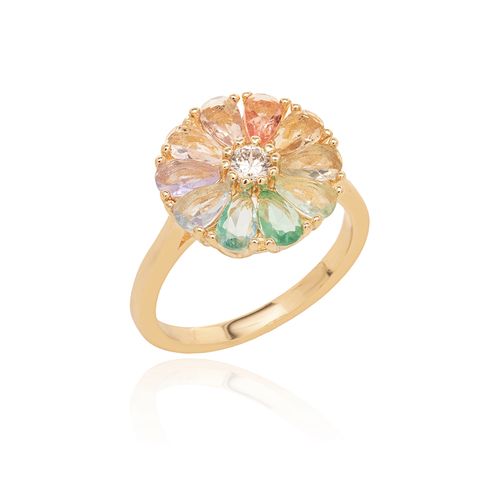 Anel Flower Candy Color com Cristal Paraíba, Cristal Morganita, Cristal Amestista - Banho de Ouro 18k
