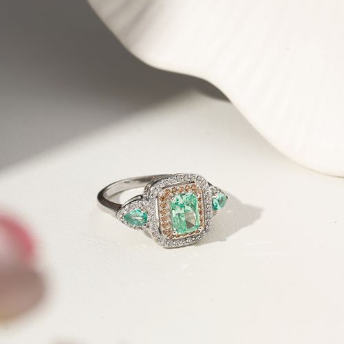 Anel Retângulo e Gotas com Zircônia Crushed Ice Cutting Paraiba, Zircônias Champagne e Brancas - Prata 925