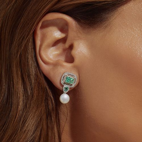 Brinco Earjacket Retângulo e Gotas com Zircônia Crushed Ice Cutting Paraiba, Pérola de Água Doce e Zircônias Champagne e Brancas - Prata 925