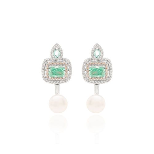 Brinco Earjacket Retângulo e Gotas com Zircônia Crushed Ice Cutting Paraiba, Pérola de Água Doce e Zircônias Champagne e Brancas - Prata 925