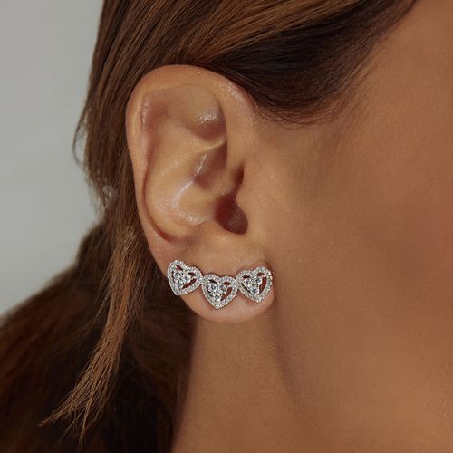 Brinco Earcuff Corações Cravejados com Zircônias Premium Brancas - Prata 925