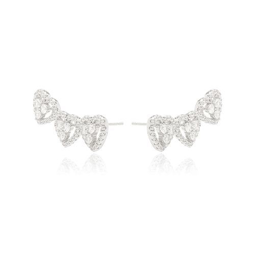 Brinco Earcuff Corações Cravejados com Zircônias Premium Brancas - Prata 925