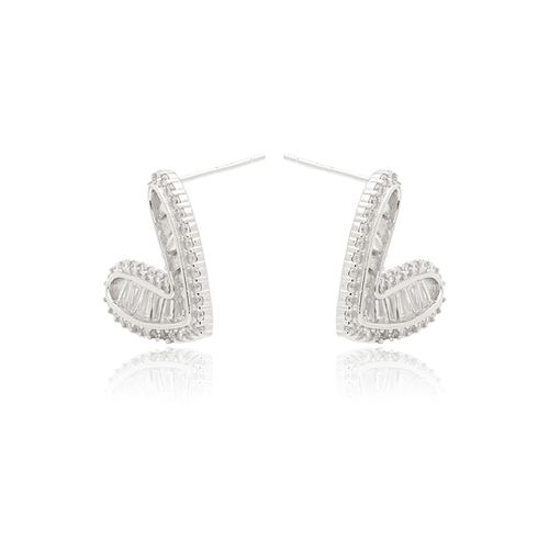 Brinco Coração com Baguetes com Zircônias Brancas - Prata 925