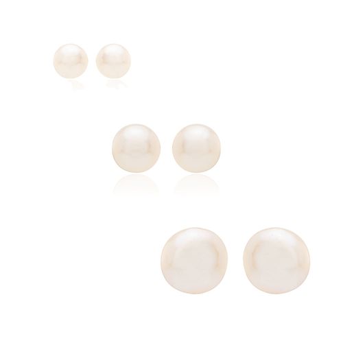 Kit com 3 Pares de Brincos de Pérolas Shell com 6mm/8mm/10mm - Prata 925