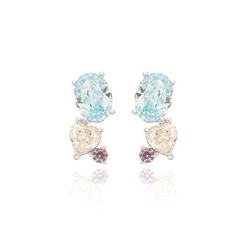 Brinco Oval e Coração com Zircônia Ice Cut Light Sky Blue, Zircônia Ice Cut Fancy Peach Br e Zircônia Turmalina Rosa - Prata 925
