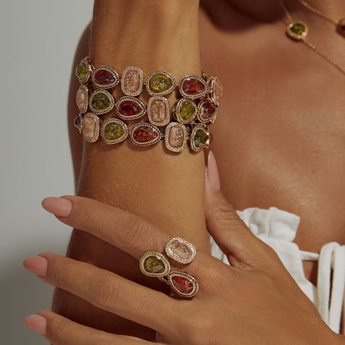 Pulseira Formas com Cristal Ice Rutilado nos Tons de Turmalina e Zircônias Coloridas 18cm - Banho de Ouro 18k