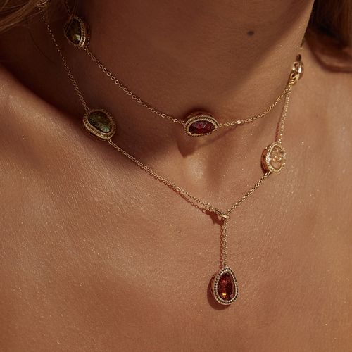 Colar Formas Gravatinha com Cristal Ice Rutilado nos Tons de Turmalina e Zircônias Coloridas 81cm - Banho de Ouro 18k