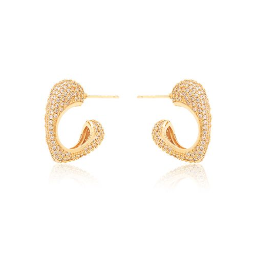 Brinco Meia Argola Coração com Zircônias Brancas - Banho de Ouro 18k