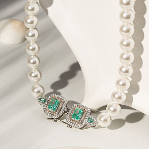 Colar Retângulo e Gotas com Zircônia Crushed Ice Cutting Paraiba, Pérolas Shell e Zircônias Champagne e Brancas 40cm - Prata 925