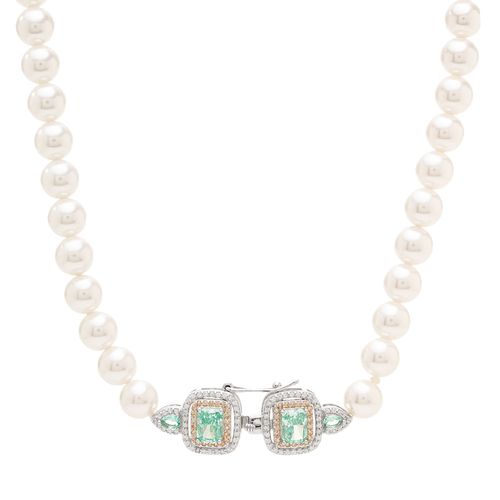 Colar Retângulo e Gotas com Zircônia Crushed Ice Cutting Paraiba, Pérolas Shell e Zircônias Champagne e Brancas 40cm - Prata 925