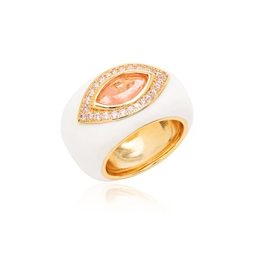 Anel Maxi Navete de Fusion Morganita, Zircônias Rosa e Esmalte Resina White - Banho de Ouro 18k