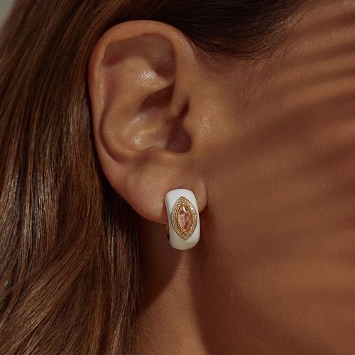 Brinco Maxi Navete de Fusion Morganita, Zircônias Rosa e Esmalte Resina White - Banho de Ouro 18k