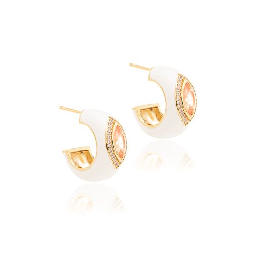 Brinco Maxi Navete de Fusion Morganita, Zircônias Rosa e Esmalte Resina White - Banho de Ouro 18k