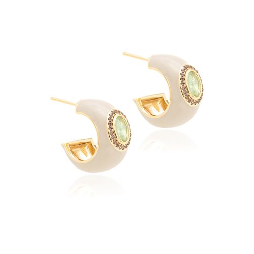 Brinco Maxi Oval de Fusion Esmeralda Colombiana, Zircônias Chocolate e Esmalte Resina - Banho de Ouro 18k