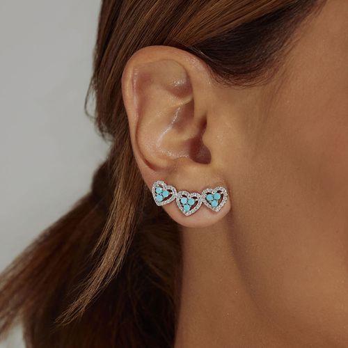 Brinco Earcuff Corações Cravejados com Zircônias Turquesa e Zircônias Brancas - Prata 925