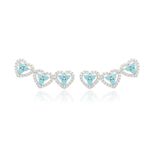 Brinco Earcuff Corações Cravejados com Zircônias Turquesa e Zircônias Brancas - Prata 925