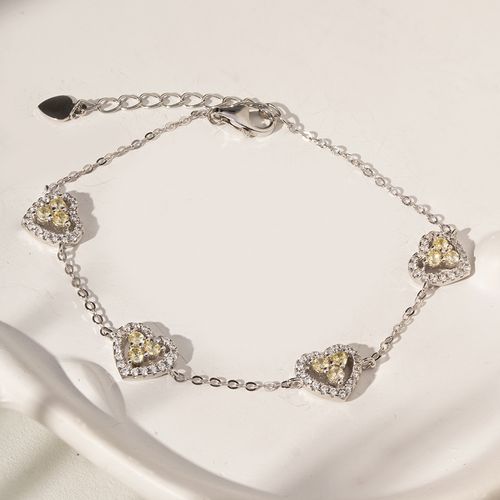 Pulseira Corações Cravejados com Zircônias Fancy Yellow e Zircônias Brancas 19cm - Prata 925
