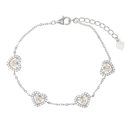 Pulseira Corações Cravejados com Zircônias Fancy Yellow e Zircônias Brancas 19cm - Prata 925
