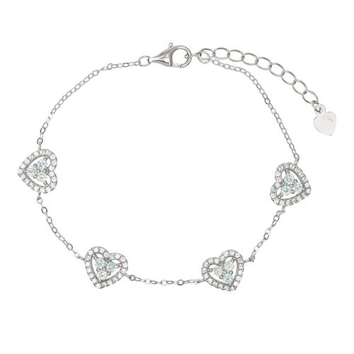 Pulseira Corações Cravejados com Zircônias Turmalina Paraiba e Zircônias Brancas 19cm - Prata 925