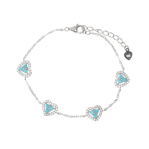 Pulseira Corações Cravejados com Zircônias Turquesa e Zircônias Brancas 19cm - Prata 925