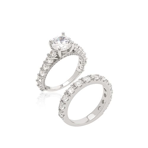 Anel Solitário Redondo e Aparador Cravejado com Zircônias Brancas - Prata 925