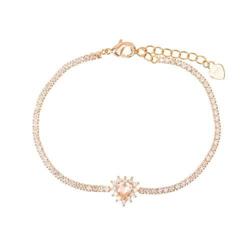 Pulseira Coração Cristal Morganita e Zircônias Brancas 19cm - Banho de Ouro 18k