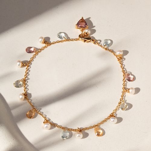 Pulseira Trillion com Cristal Rodolita, Pérolas de água Doce e Cristais Topázio Azul e Citrino 19cm - Banho de Ouro 18k