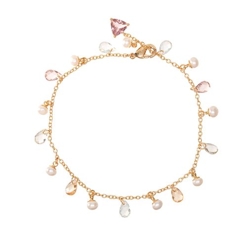 Pulseira Trillion com Cristal Rodolita, Pérolas de água Doce e Cristais Topázio Azul e Citrino 19cm - Banho de Ouro 18k