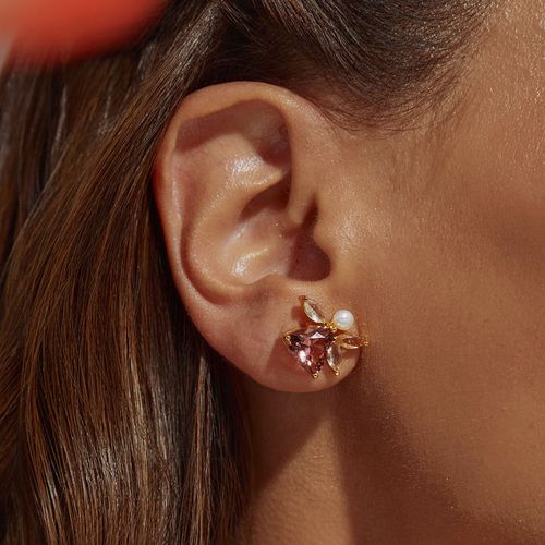 Brinco Trillion com Cristal Rodolita, Pérolas de água Doce e Cristais Topázio Azul e Citrino - Banho de Ouro 18k